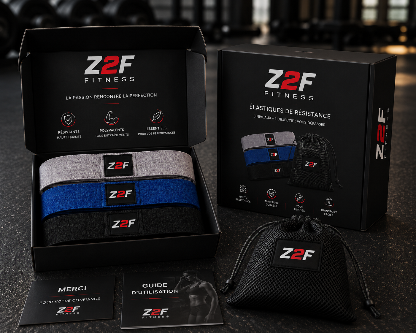 Pack premium Z2F Fitness avec trois élastiques de résistance, sac de transport et guide